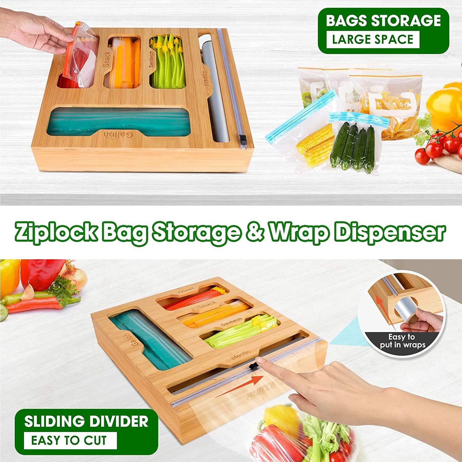 Bamboo Ziplock Food Bag Holder - Food Storage Dispenser recension och pris